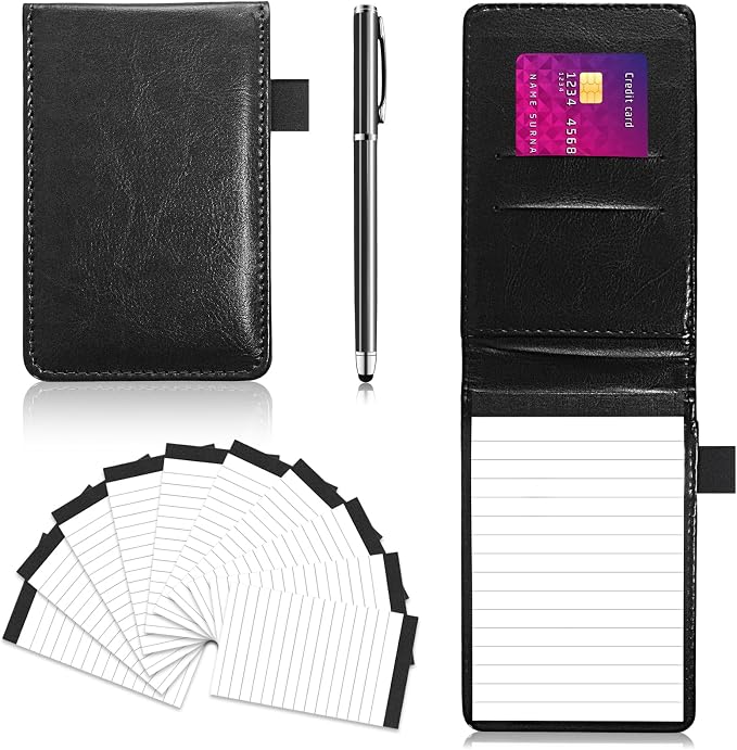 12Pcs Mini Pocket Notepad Holder Set,Included with 50 Lined Sheets, Metal Pen and 8 Pieces 3 x 5 Inch Memo Book Refills with 30 Lined Paper Per Note Pad,Leather Notepad Pocket,Black