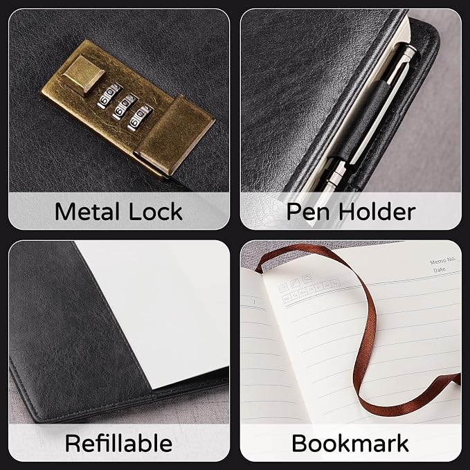 WEMATE Diary with Lock, A5 PU Leather Journal with Lock 240 Pages Black | Vintage Lock Journal Password Notebook with Pen & Gift Box, Lock Diary Planner Organizer for Men and Women, 8.6x5.8in