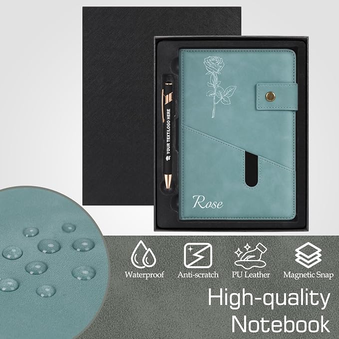 ENOMY Personalized Notebook & Pen Set Custom A5 PU Leather Journal Gift Box, Gray blue