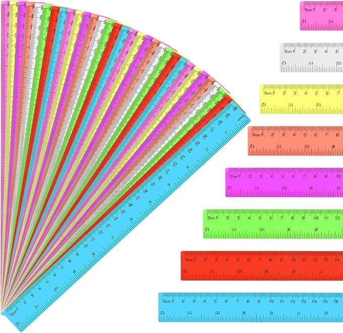 32 Pack Assorted Color Clear Rulers 12 inch, Plastic Ruler Bulks for Classroom, Transparent Metric Rulers for Kids with Inches and Centimeters for School, Home, Office Supplies