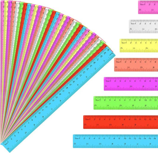 32 Pack Assorted Color Clear Rulers 12 inch, Plastic Ruler Bulks for Classroom, Transparent Metric Rulers for Kids with Inches and Centimeters for School, Home, Office Supplies
