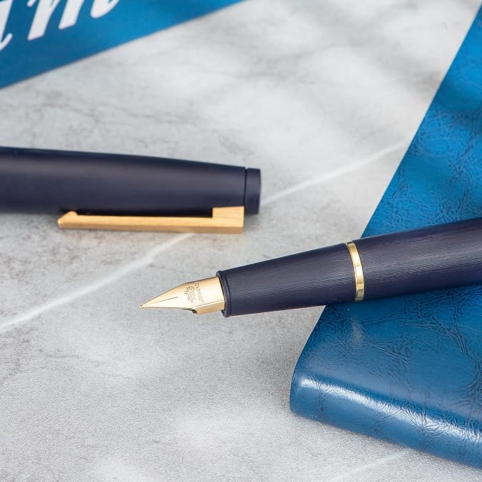 Jinhao 80 Denim Blue Fiber Brushed Fountain Pen, Iridium Ultra Fine Gold Nib with Ink Converter, Classic Design Smooth Writing Pen (Gold Clip)