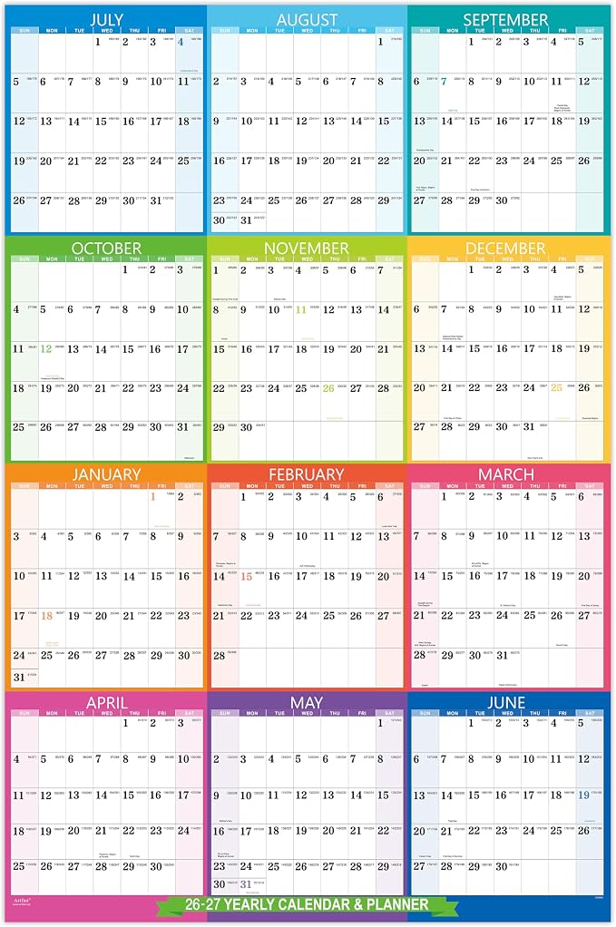 2026-2027 Yearly Wall Calendar - Calendar 2026-2027, July 2026 - June 2027 | Large Wall Calendar 26-27, 34.8" x 22.8"(Open), Full Year Calendar Large, One Page Vertical with Round Stickers - Colorful