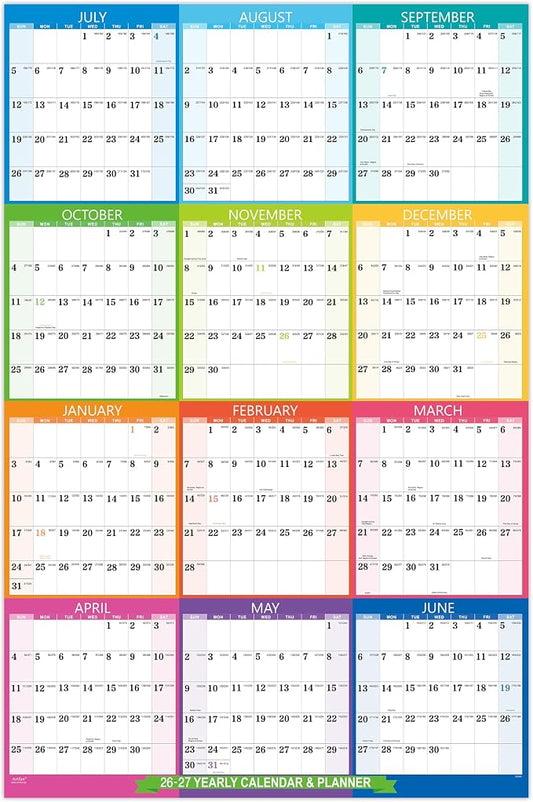 2026-2027 Yearly Wall Calendar - Calendar 2026-2027, July 2026 - June 2027 | Large Wall Calendar 26-27, 34.8" x 22.8"(Open), Full Year Calendar Large, One Page Vertical with Round Stickers - Colorful