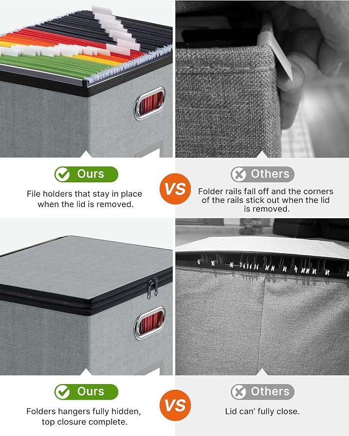 Oterri File Box Large 2-Pack Hanging Organizer for Letter/Legal-Size Folder | Dustproof Lid. 3 Mesh Pockets. Collapsible Scratch-Resistant GRS Linen. Slide Rails. Office, Home, Dorm