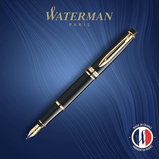 Waterman Expert Fountain Pen, Gloss Black with 23k Gold Trim, Fine Nib, Includes Gift Box - Luxury Writing