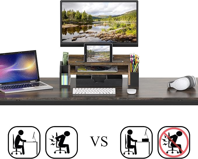 Simple Houseware Desk Monitor Stand Riser w/ Adjustable Tray, Rustic Brown | Built-In Tablet Slot and Side Storage