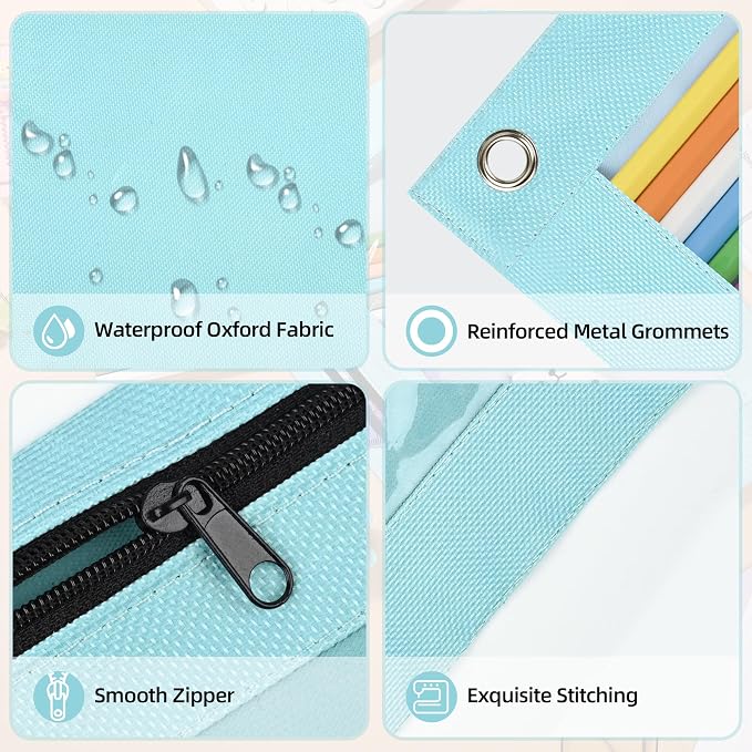 Lanpn Pencil Pouch for 3 Ring Binder 6 Pack, Pastel Binder Pen Bags with Zipper, 3 Holes Pencil Holder Stationary Organizer for Boy Girl Kids School Student, Reinforced Grommets & Clear Window, Blue