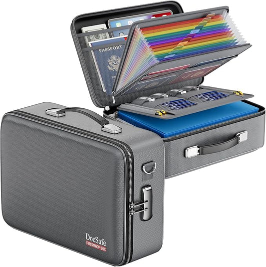 DocSafe Fireproof Document Box Hard Case with Lock ＆ Accordion File Folder | Fire and Water Resistant Safe Box,File Organizer,Multi-Pocket,Home Office Travel Storage for Important Document,Laptop,Gray