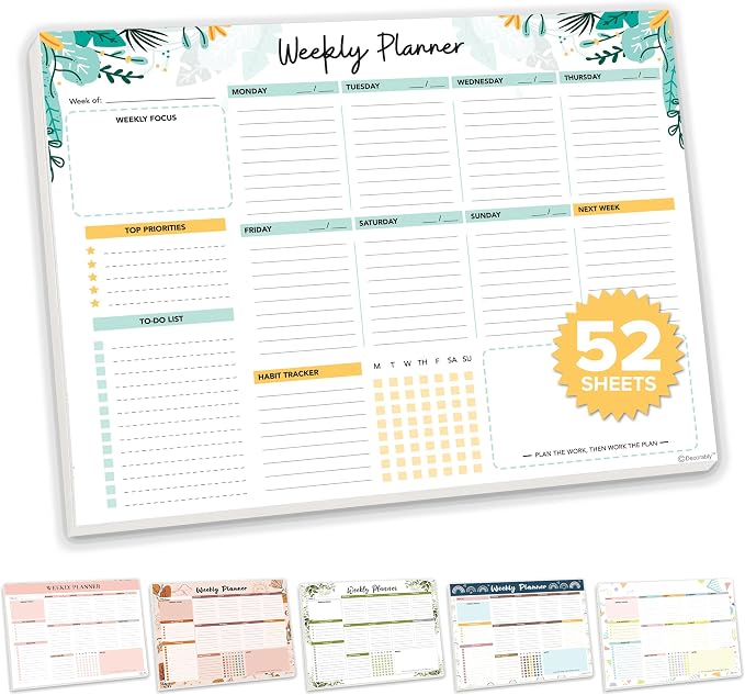 Decorably 52 Sheets Colorful Pastel Weekly to Do List Notepad - 11x8.5" Spring-Bound Planner Pad, Easy Tear-Off for Priorities, Habit Tracker, Focus & Notes - Home, School, Office