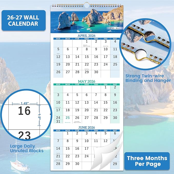2026-2027 Calendar - July. 2026 - Jun. 2027, 3 Month Calendar Vertical Display, Wall Calendar 2026-2027, 11" x 26"(when opened)