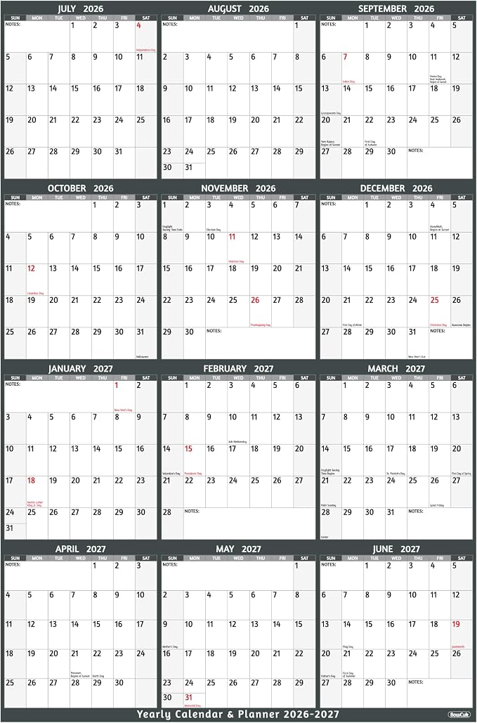 Yearly Wall Calendar 2026-2027 - Large Yearly Calendar Vertical, Jul 2026 - Jun 2027, 25.2" x 38.2" (Open), 2026-2027 Calendar, Large Wall Calendar, Full Year Paper Calendar with Notes, Thicker Paper