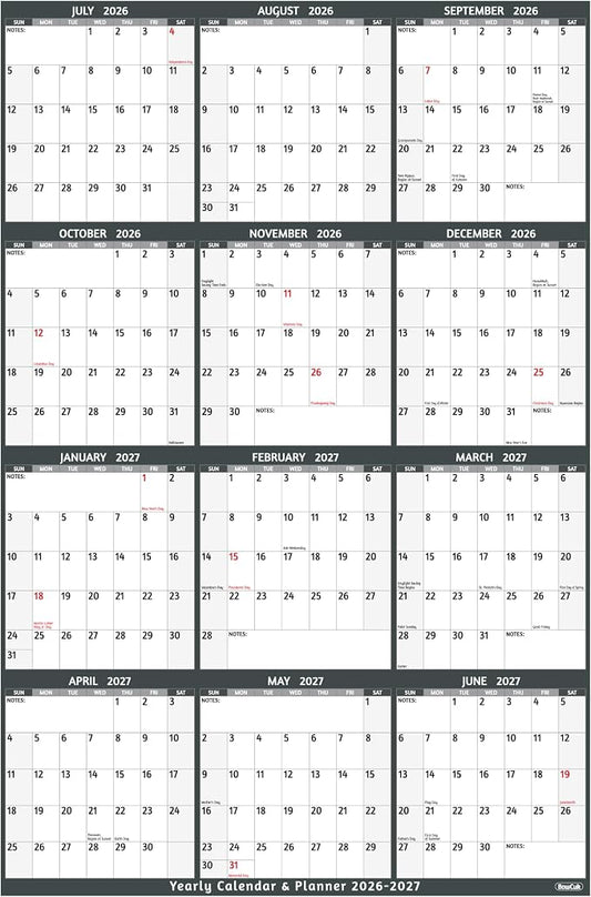 Yearly Wall Calendar 2026-2027 - Large Yearly Calendar Vertical, Jul 2026 - Jun 2027, 25.2" x 38.2" (Open), 2026-2027 Calendar, Large Wall Calendar, Full Year Paper Calendar with Notes, Thicker Paper