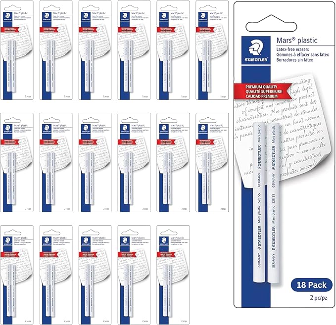 STAEDTLER Mars Plastic Eraser Refills 18-Pack White 36 Count | 18 Sets of 2 pcs- Latex-Free Erasers, Replacements for Refillable Holder, School & Office