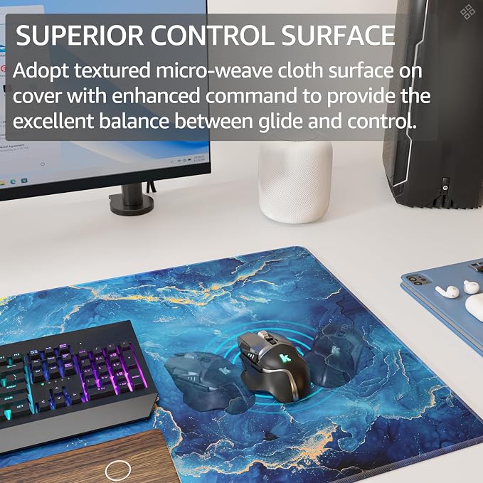 KTRIO Large Gaming Mouse Pad, Desk Mat, 31.5 x 15.7 in, Blue Marble, XXL | Smooth Micro-Weave Surface, Artistic Pattern Design, Non-Slip Rubber Base, Durable Stitched Edges, Office & Home Use
