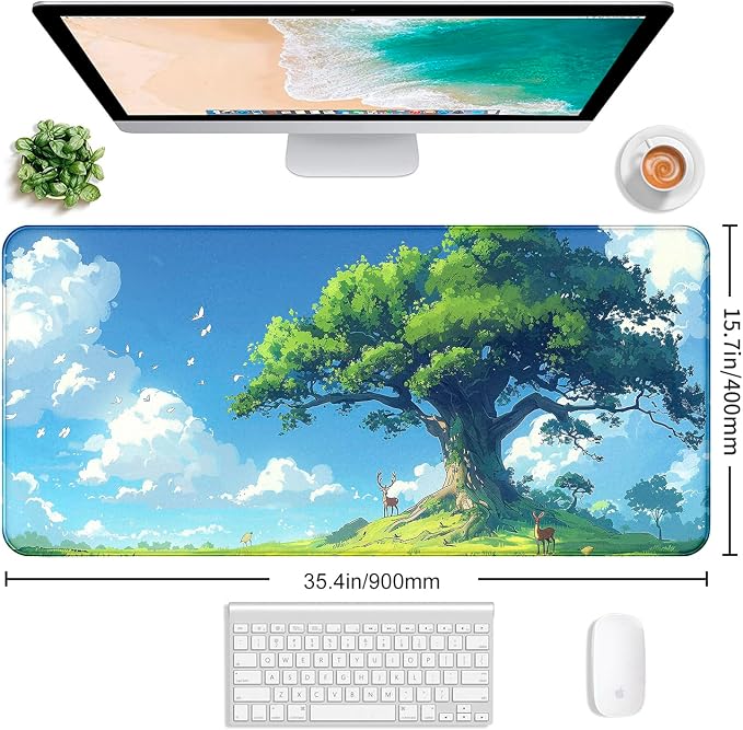 Large Green Plant Outdoor Landscape Office Desk Pad, Computer Mouse Pad | Large Extended Mouse Pad; Full Desk Coverage; Waterproof Coating; Stable Anti-Slide Base For Gaming, Office, Study Daily Use