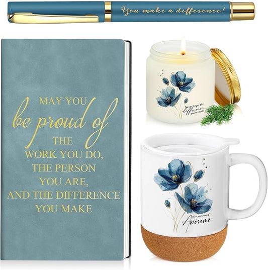 Sayglossy 4 Pcs Thank You Gifts Set for Women Back to School Teacher Appreciation Gift Leather Notebook Blue Flower Coffee Mug Scented Candle Ballpoint Pen for Employee Coworker DSP Housekeeping Week