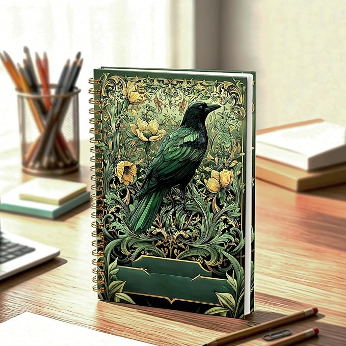 HOXUNQINA Art Nouveau Green Raven Journal Notebook 5.5x8.3 | William Morris Inspired Vintage Floral Crow Journal, Witchy Gothic Raven Botanical Notebooks for Work