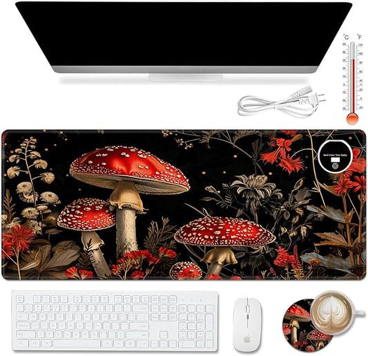 Warm Desk Pad,Heated Desk Pad,Office Mat,3 Heating Levels & 3 Hours Auto Shut-Off,31.5"*13" Gaming Mouse Laptop Keyboard Leather Desk Mat,Red Mushroom Forest