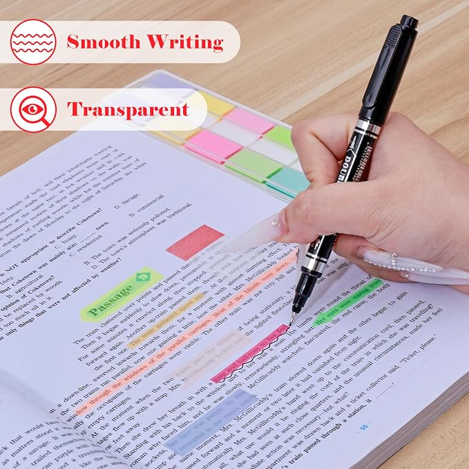 BAYTORY 1800Pcs Transparent Sticky Tabs, 2Pcs Double Marker Pens | See Through Clear Label Stickers, Self-Adhesive Translucent Index Tabs, Sticky Notes for Bible Accessories (Bright Colors)