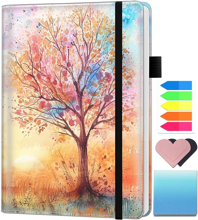 A5 Leather Lined Journal Notebook, 200 Pages Hardcover Executive Notebook for Office School Note Taking, Thick Writing Paper Daily Journal with Bookmarks/Indexes, Watercolor Tree Painting