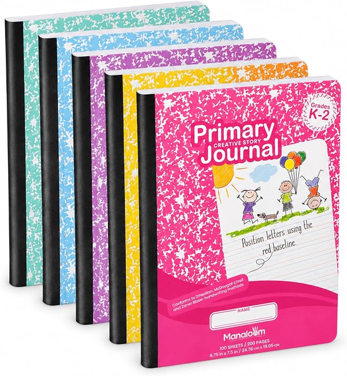 Primary Composition Notebook K-2, Primary Journal Grades K 2, Preschool, 1st Grade, Kindergarten Notebooks, Primary Ruled - 9.75″ x 7.50″ - Sturdy Covers - 100 Sheets - Assorted Colors - (6 Pack)