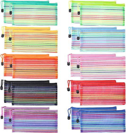 20 Pack 10 Colors Pencil Pouch Bulk Mesh Zipper Pouch Bags, Small Storage Bag, Multipurpose Pencil Case for School and Office Supplies, Travel Accessories