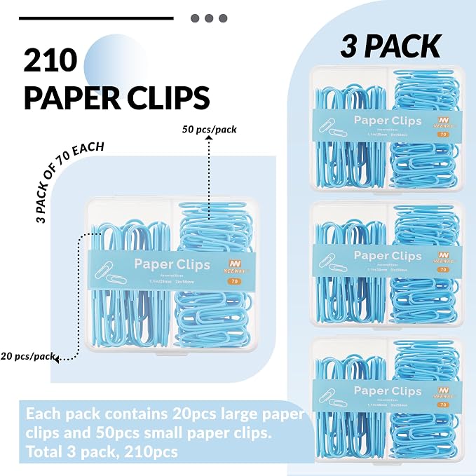 NEEWAY Colorful Paper Clips Assorted Sizes, Small and Large Paperclips, 210 Count, 3 Pack of 70 (Blue)