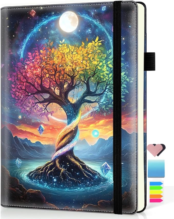 Hardcover Executive Notebooks, A5 PU Leather Lined Journal Notebook, 200 Pages Thick Paper Subject Notebooks for School,Work,Home Writing Business Notebook, Diary Book,Colorful Tree of Life in Space