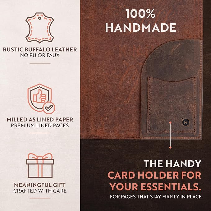 moonster Leather Journal Notebook A5 Refillable – Handmade Vintage Diary with Pen – 320 Lined Pages – Rustic Travel Writing Book for Men & Women – Genuine Leather Bound Notepad
