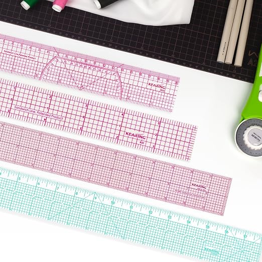 KEARING 2"x12" Clear Sewing Graph Ruler - PVC Plastic Pattern Grading Ruler | Flexible 1.2mm clear plastic 12" grid ruler for fashion design. Sandwich line markings never rub off for sewing