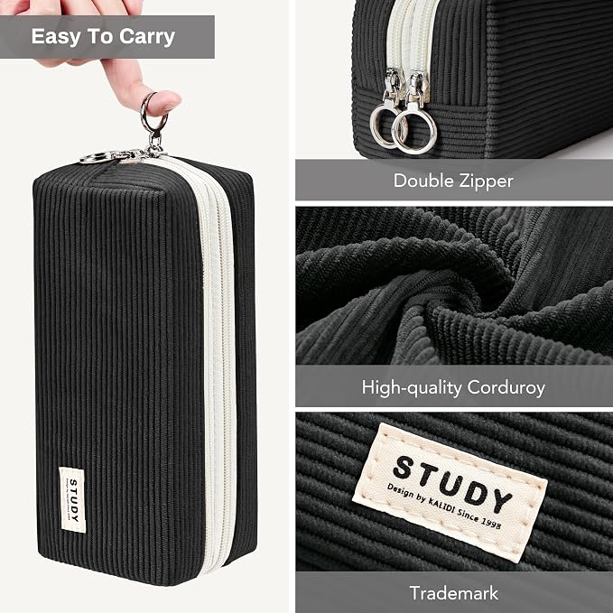 KALIDI Large Pencil Case Corduroy Pencil Pouch Box Cute School Supplies for Teen Girls Boys, Black