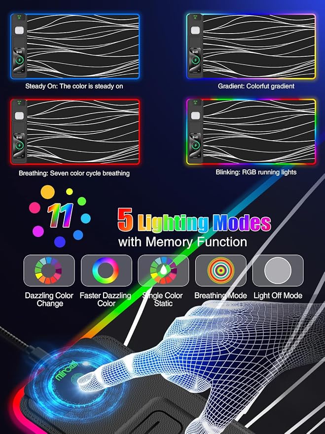 Mouse Pad with Foldable Phone Holder & Wireless Charger, XXL RGB Gaming Mousepad 31.5"x15.8" Large Desk Mat for Keyboard, Black Desk Pad with Dual Qi Charging Station | 11 Colors 5 Modes | Waterproof