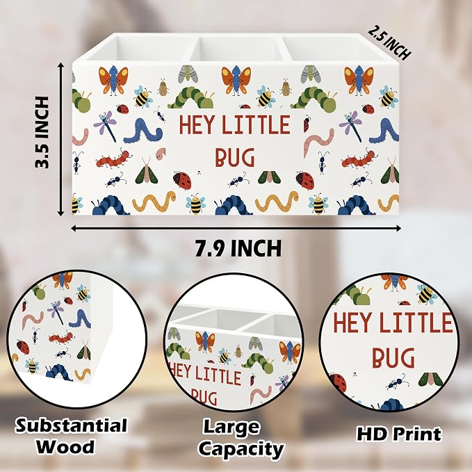 Bug Insect Kids Classroom Pen Pencil Holder Organizer for Desk, Hey Little Bug Wooden Box Signs Decorations for Kids Boys Girls Room Bedroom Playroom Desk Tabletop, Insect Gifts