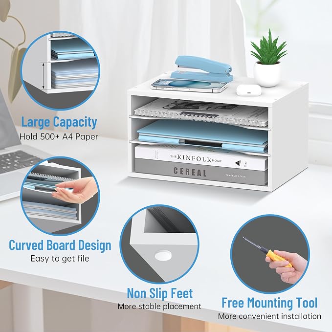 3-Tier Paper Organizer for Desk, Adjustable Mail Organizer, White | 3-Tier Paper Organizer and Mail Organizer for Desk with Adjustable Shelves for Letter Size Files Folders and Office Supplies