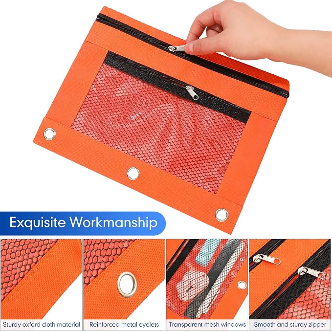 Leelosp 60 Pack Pencil Pouch for 3 Ring Binder Mesh Zipper Pencil Case Bags Binder Pouches Bulk for Writing Utensils Storage Supplies (Red,Orange,Yellow,Green,Aqua,Purple)