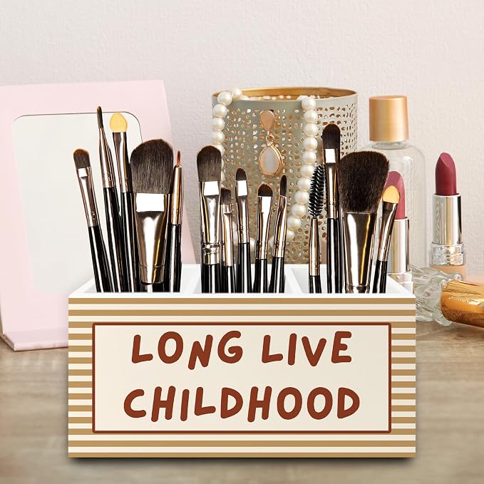Retro Kids Pen Pencil Holder Organizer for Desk, Orange Striped Long Live Childhood Wooden Box Signs Decorations for Home Classroom Kids Room Bedroom Desk Tabletop, Boys Room Decor