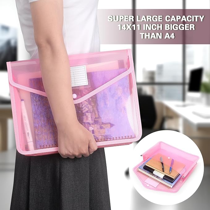 Tamaki Plastic Expanding File Folder, Fit Letter/A4 Size, Pink, 1 Pack | Transparent envelopes with Snap Closure, No Dividers, Large Capacity