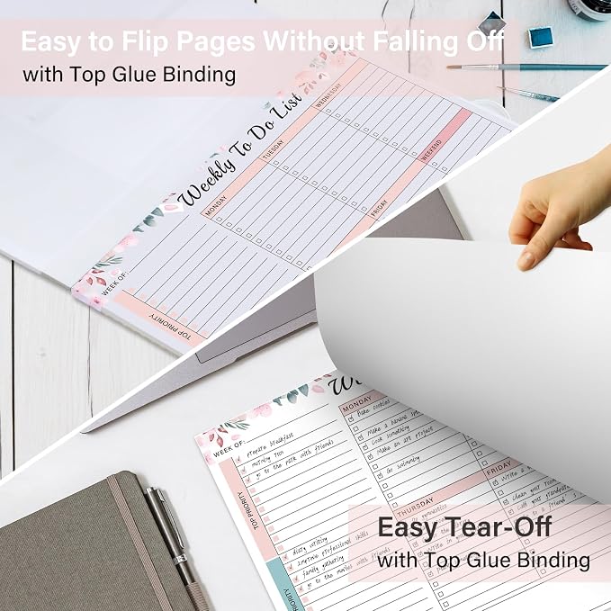 Weekly To Do List Notepad - 52 Undated Glue Bound Tear-Off Sheets (8.5"x11") for Desk Planning | Home, Work & School Organization Pad for Women & Men (Pink)