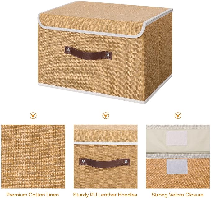 ANMINY 4PCS Storage Bin with Lid Storage Boxes with PU Leather Handles PP Plastic Board Decorative Foldable Lidded Cotton Linen Fabric Home Cubes Baskets Closet Organizer Container - Khaki, Medium