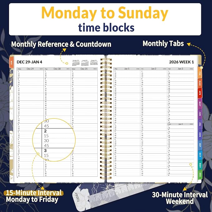 SUNEE 2026 Appointment Book, Quarter-Hourly, Weekly & Monthly - from January 2026 - December 2026, 8.5"x11" Weekly Planner, Flexible Cover, Note Pages, Pockets, Bookmark, Spiral Binding,