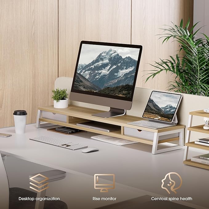 Fenge Dual Monitor Stand Riser, 42.5in Desk Shelf with 2 Drawers, Oak | 2-Tier Monitor Shelf for Desk, Storage Drawer with Stopper, Frosted, fit Home Office, Ultrawide Screen, PC, Laptop, TV