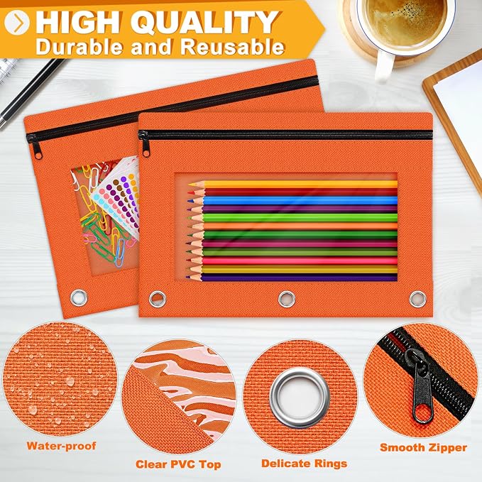 Pencil Pouch for 3 Ring Binder, 2 Pack Pencil Bags with Zipper, Orange Pencil Case for Classroom School Office Supplies, Large Sturdy and Durable Cloth Pencil Pocket for 3 Holder Binder