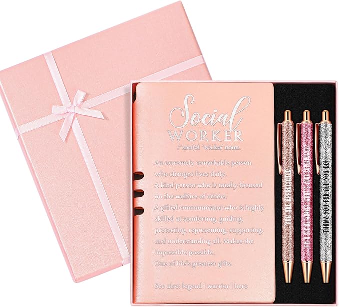 Resurhang 5 Pcs School Social Worker Must Haves Office Supplies Gift Leather Journal Notebook 3 Ballpoint Pens with Box Thank You Social Work Appreciation Gift for BSW MSW DSW(Pink)