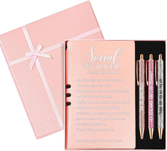 Resurhang 5 Pcs School Social Worker Must Haves Office Supplies Gift Leather Journal Notebook 3 Ballpoint Pens with Box Thank You Social Work Appreciation Gift for BSW MSW DSW(Pink)