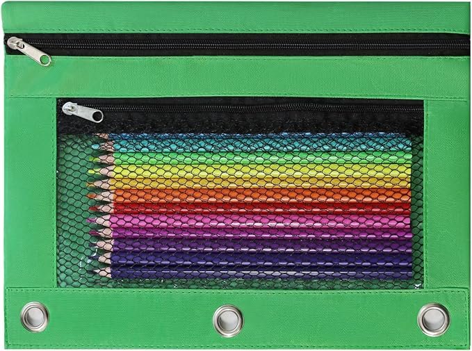 Pencil Pouch for 3 Ring Binder, Heavy Duty Canvas Dual Zipper Pen Bag with Clear Window, Smooth Metal Zipper, Fit Standard 3-Ring Binders for School Office Travel Supplies (Green)