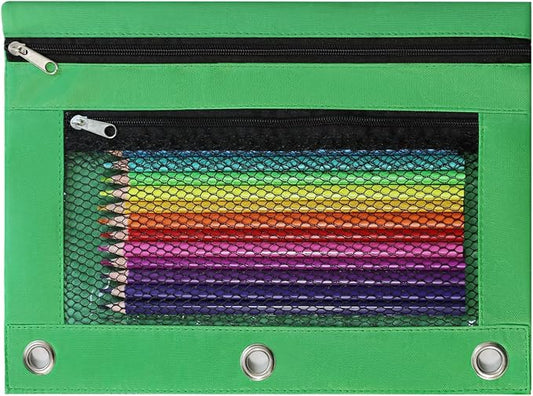 Pencil Pouch for 3 Ring Binder, Heavy Duty Canvas Dual Zipper Pen Bag with Clear Window, Smooth Metal Zipper, Fit Standard 3-Ring Binders for School Office Travel Supplies (Green)