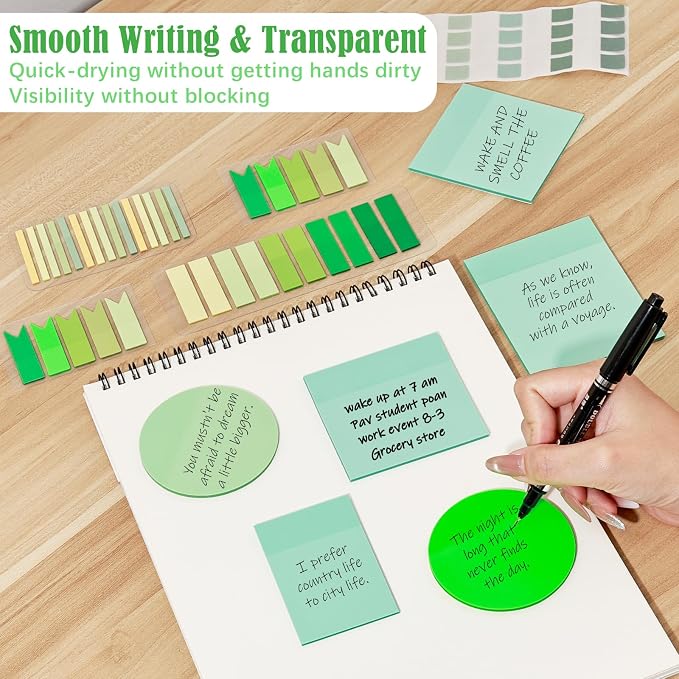 BAYTORY 1240 Sheets Transparent Sticky Notes, Clear Annotation Kit (Green) | 3 x 3 inch Page Markers, Translucent Self-Stick Index Tabs for Reading Bible Office Journaling