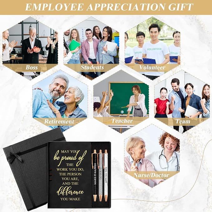 Resurhang 5 Pcs Employee Appreciation Gift Leather Journal Notebook 3 Ballpoint Pens with Box Thank You Back to School Gift for Teacher Boss Nurse Assistant Coworker Women(Black)