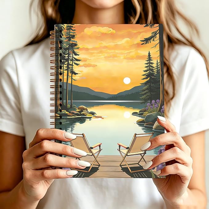 Boho Sunset Lake Camping Journal Notebook 5.5x8.3, Camping Lover Gifts Journal for Women Men, Camper Gifts, Rustic Nature Lake Landscape Notebooks for Work